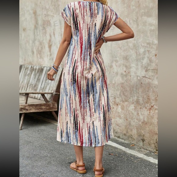 Striped casual short sleeve maxi dress with pockets - Picture 2 of 2